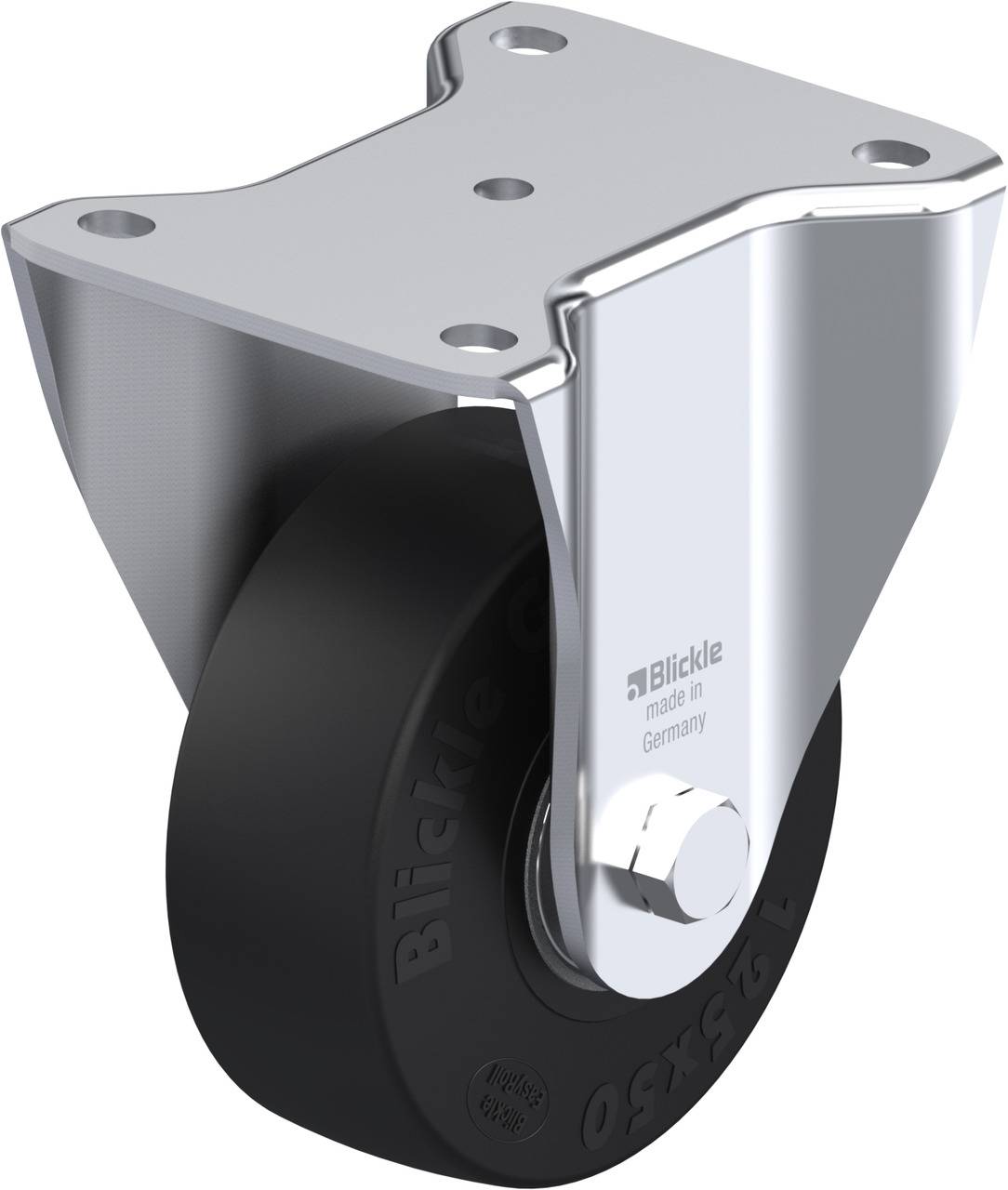 Ein schwarzes, drehbares Bockrad mit Metallgehäuse, geeignet für schwere Lasten. Einsatz in Industrie- oder Transportequipment.