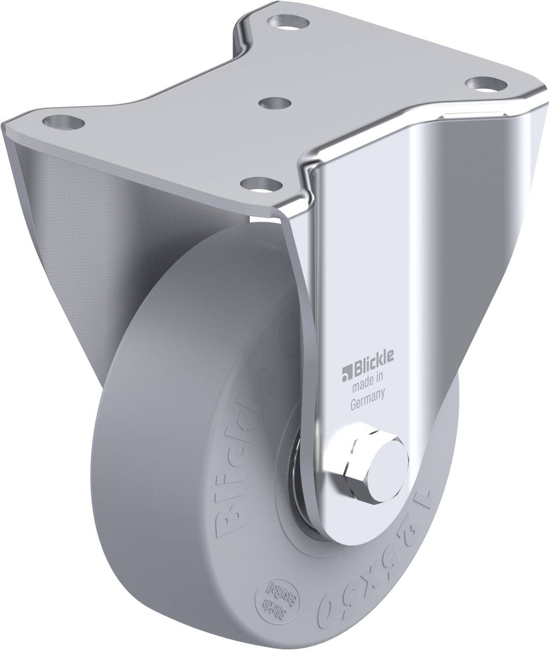 Lenkrolle mit grauem Gummi, Metallplatte oben zur Befestigung. Herstellermarke 'Blickle' erkennbar.