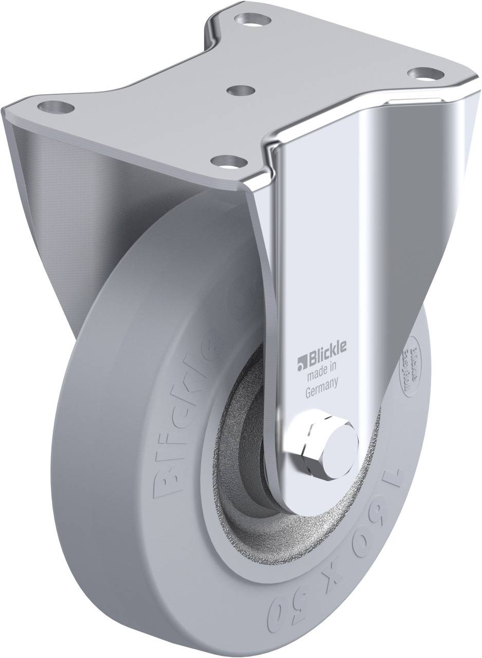 Graues Lenkrollenrad mit metallischem Gehäuse, geeignet für Möbel oder Industrieanwendungen. Markierung: 'Blickle, Made in Germany'.
