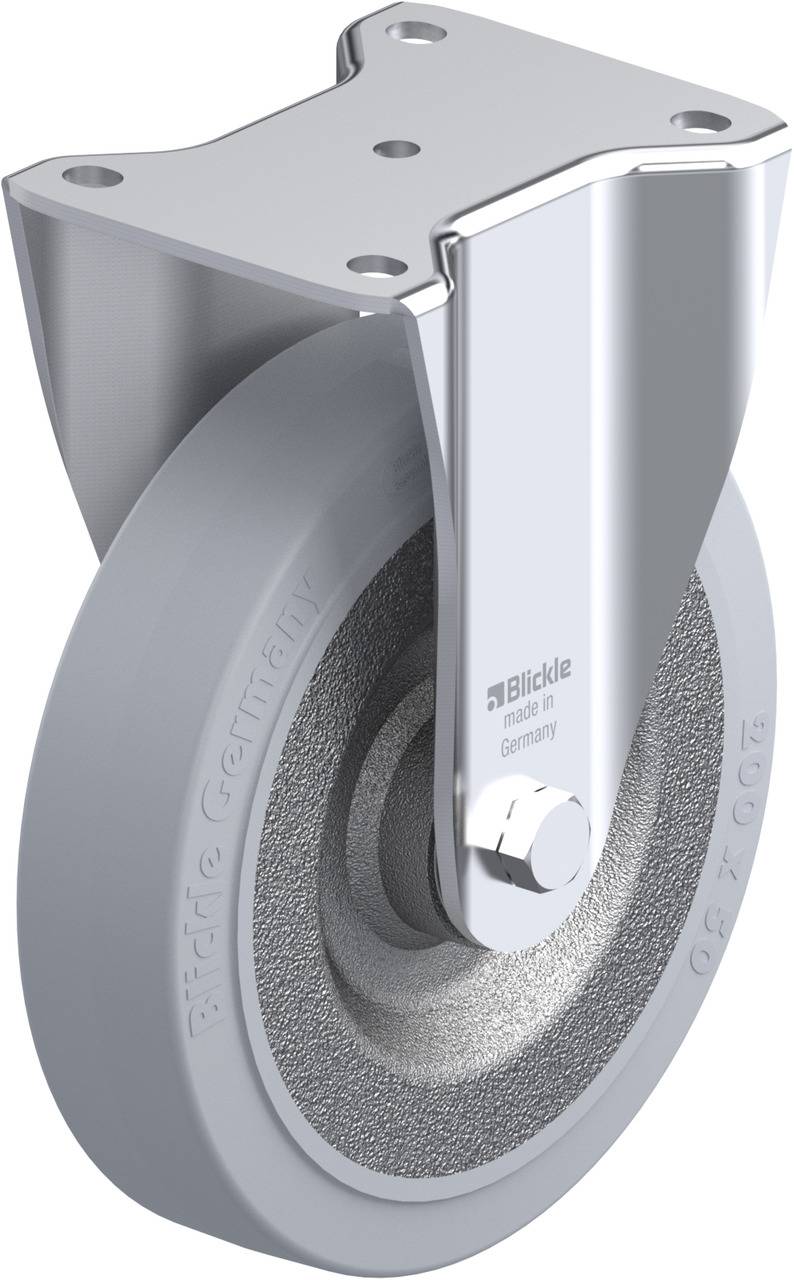 Industrie-Lenkrolle aus Metall mit grauem Rad, geeignet für schwere Lasten. Aufschrift 'Blickle Made in Germany'.
