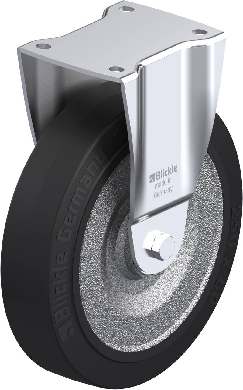 Metallrolle mit schwarzem Rad und silberner Halterung, darauf 'Blickle made in Germany' eingeschrieben.