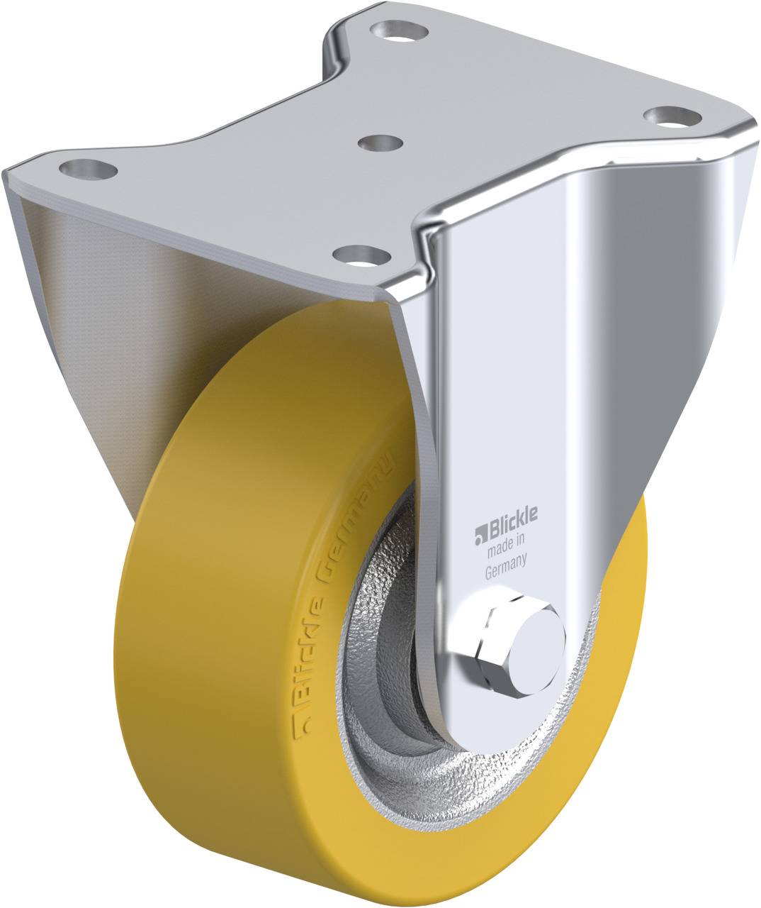 Metallrolle mit gelbem Rad, befestigt an einer quadratischen Halterung. Used for moving heavy objects.