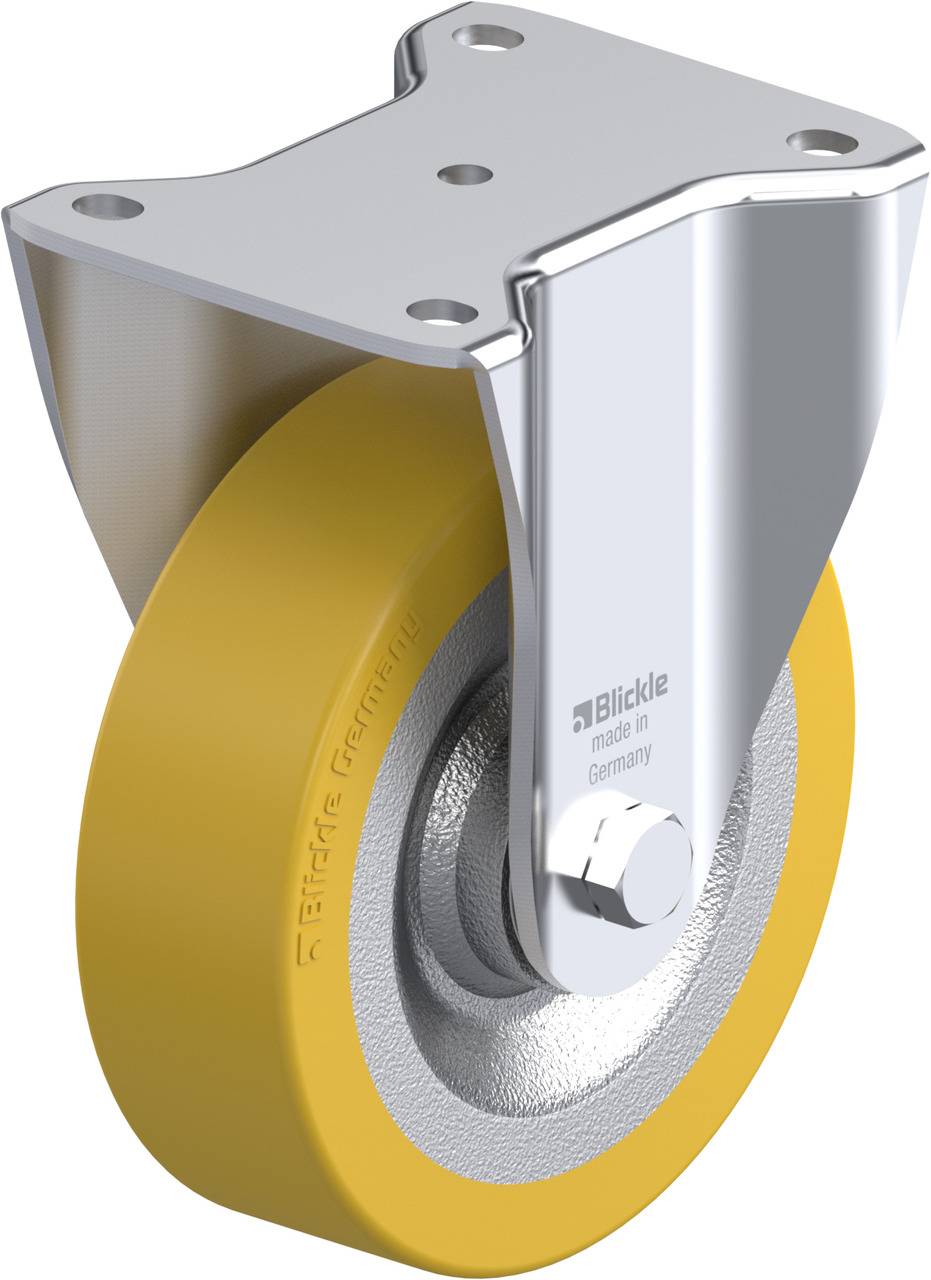 Industrie-Rollen: Gelbes Gummi auf silberner Metallbefestigung. Text auf Rolle: 'Blickle made in Germany'.