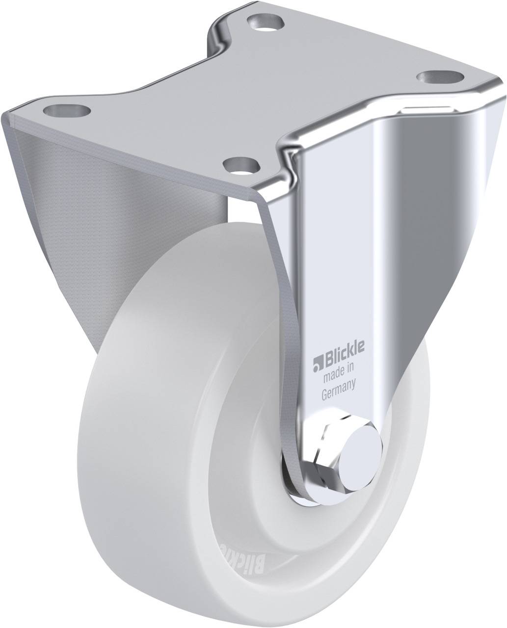 Abgebildet ist eine schwenkbare Rolle mit einer Metallhalterung und weißem Rad, geeignet für Möbel oder Transportgeräte, 'Blickle' Made in Germany.