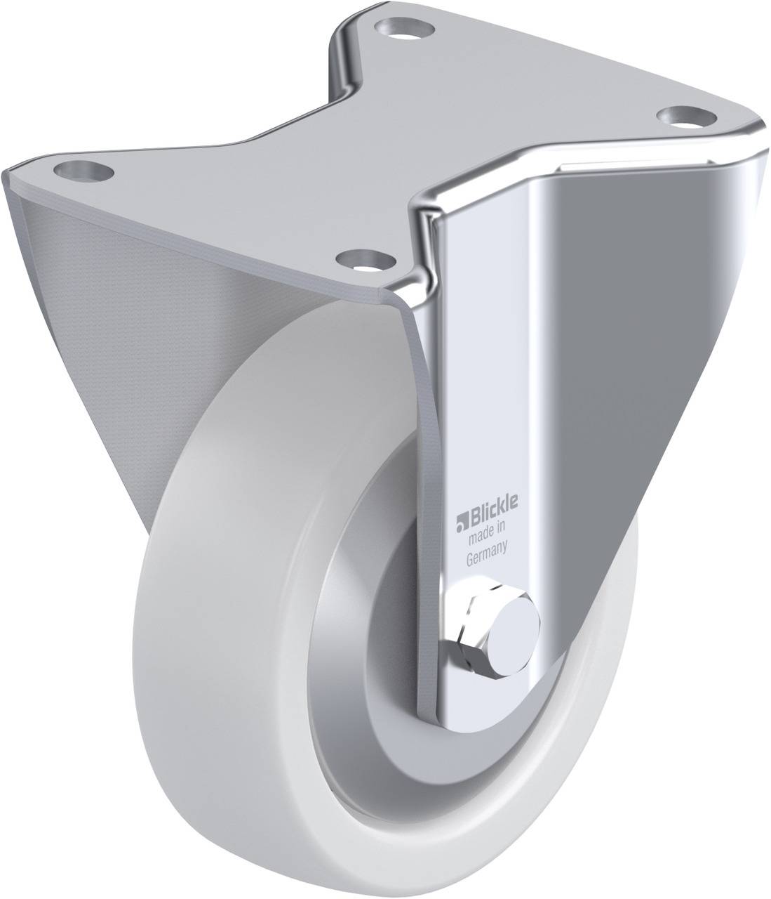 Metallrolle mit weißem Rad und glänzendem Halter, zeigt ein rollbares Bauteil für Möbel oder Geräte.