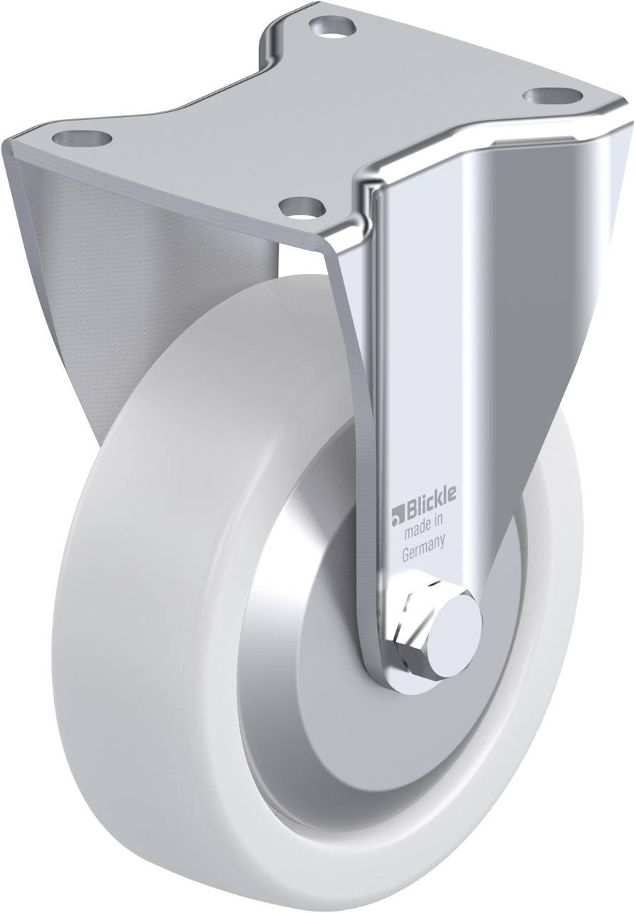 Rolle mit Halterung aus Metall, geeignet für Möbel oder Geräte. Weiße Kunststoffoberfläche und Schraubbefestigungspunkte.