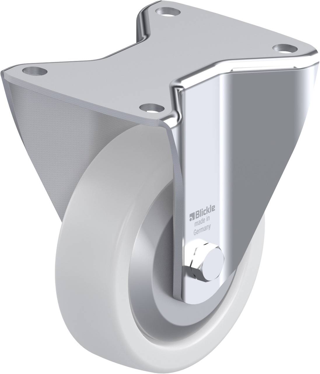 Schwenkrolle mit grauem Rad und silbernem Metallgehäuse, zeigt 'Blickle made in Germany' auf dem Schemel.