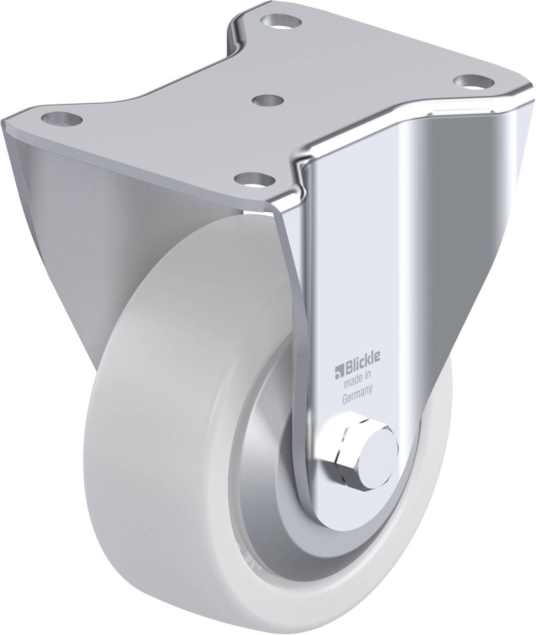 Metallrolle mit Halterung, seitliche Ansicht. Die Rolle ist aus weißem Kunststoff, die Halterung aus silbernem Metall, beschriftet mit 'Blickle'.