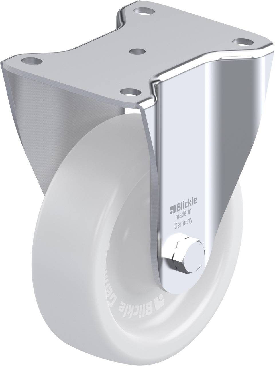 Industrie-Lenkrolle aus Metall mit grauem Rad, Aufschrift 'Blickle Made in Germany'.
