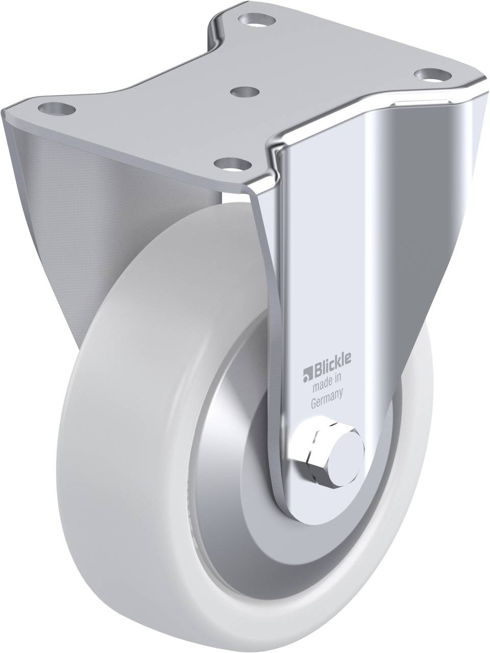 Industrie-Doppelrollen-Lenkrolle mit grauem Rad, glänzendem Metallgehäuse und Markenaufdruck 'Blickle made in Germany' auf der Halterung.
