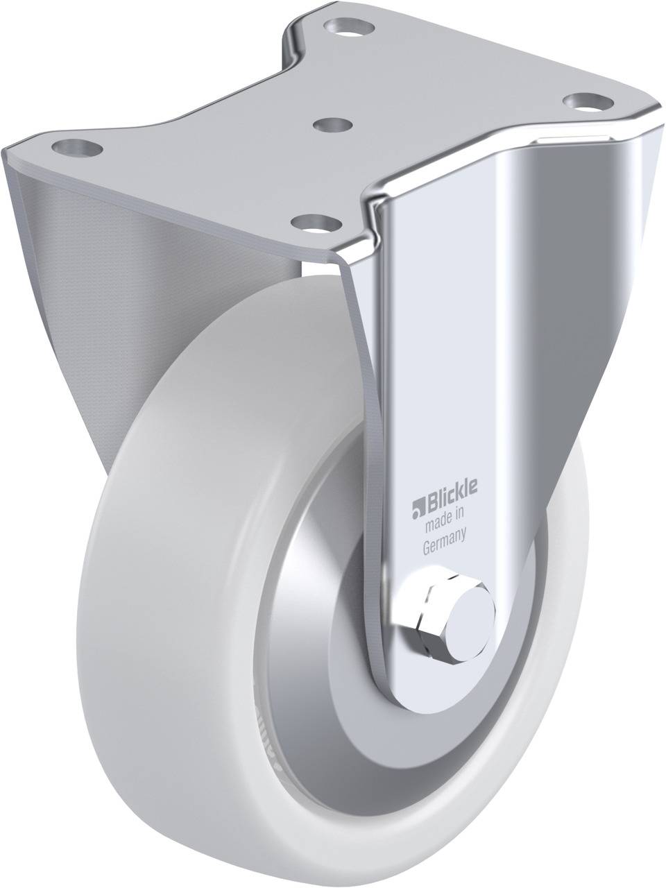 Graue Lenkrolle mit metallener Halterung, geeignet für industrielle Anwendungen. Aufschrift 'Blickle made in Germany'.