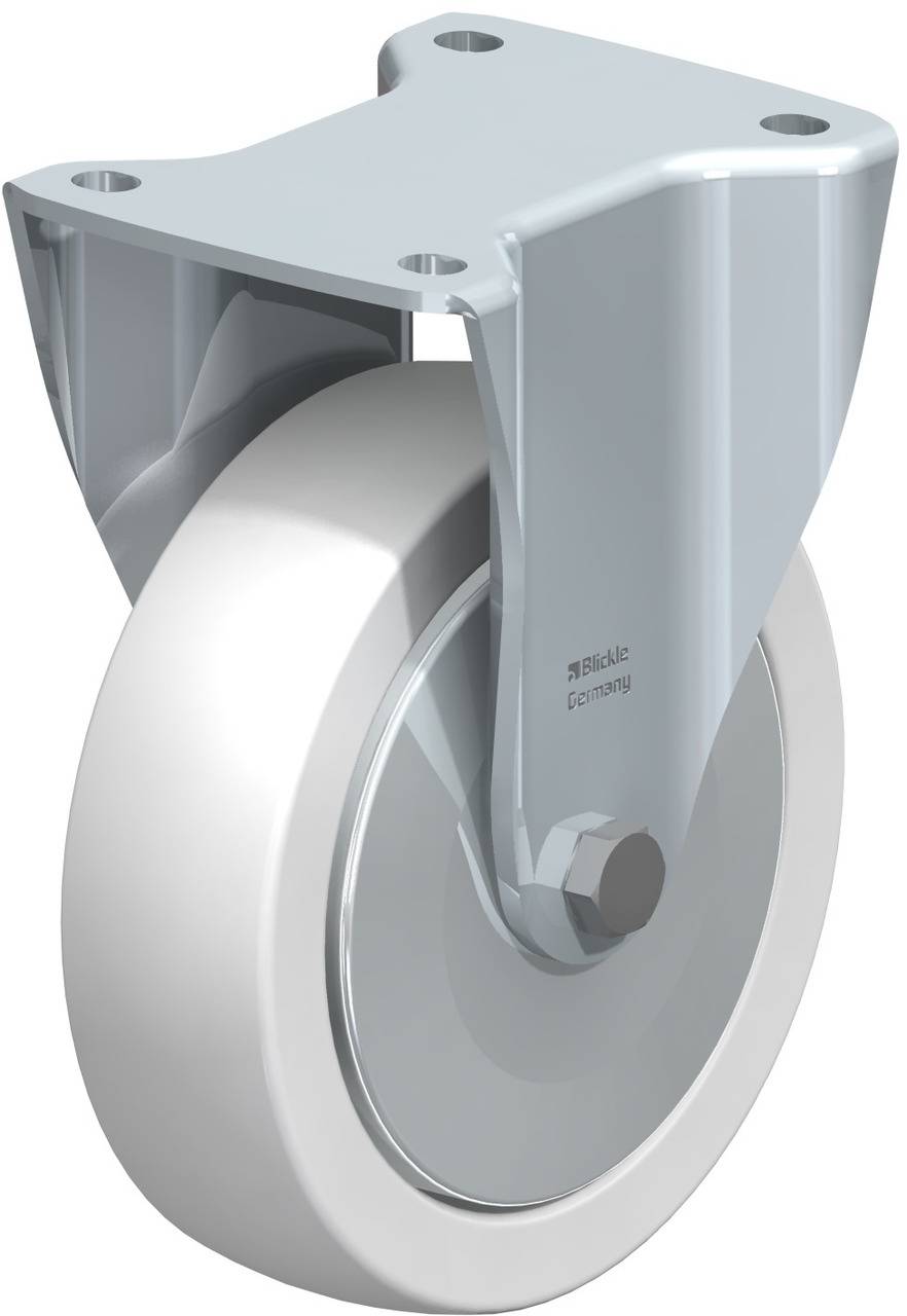 Schwerlastrolle mit weißem Rad und grauem Metallgehäuse. Sie dient zur Bewegung schwerer Gegenstände und ist für industrielle Anwendungen geeignet.