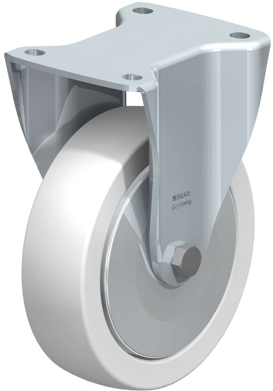Grau-weiße Schwerlastrolle mit glattem Rad und robustem Metallgehäuse, geeignet für industriellen Einsatz.