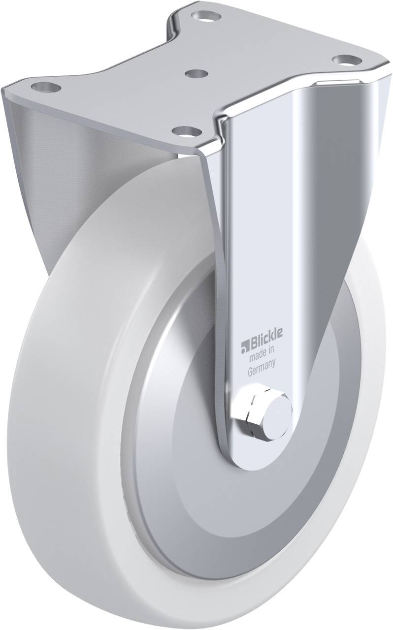 Metallrad mit weißer Rolle und Halterung. Gravur: 'Blickle, made in Germany'. Verwendung für Möbel oder Geräte bewegt sich auf Boden.