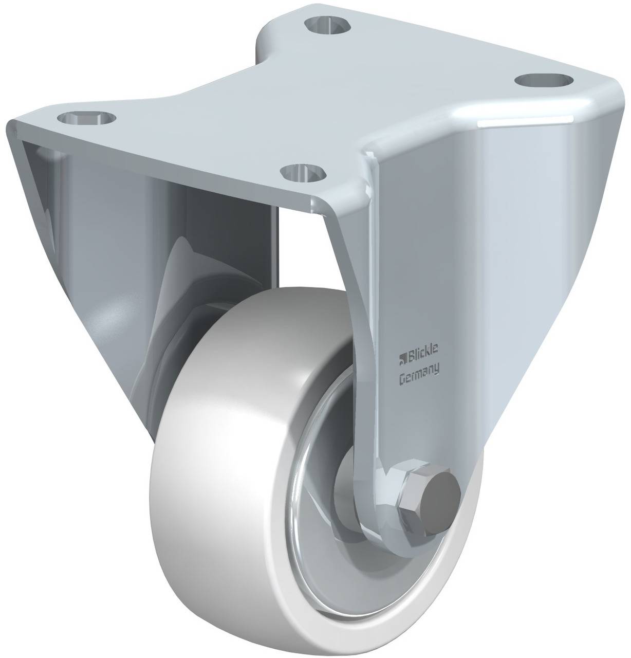 Industrielle Lenksrolle aus Metall und Gummi, montierbar, für schwere Lasten, geeignet für Maschinen oder Transportwagen.