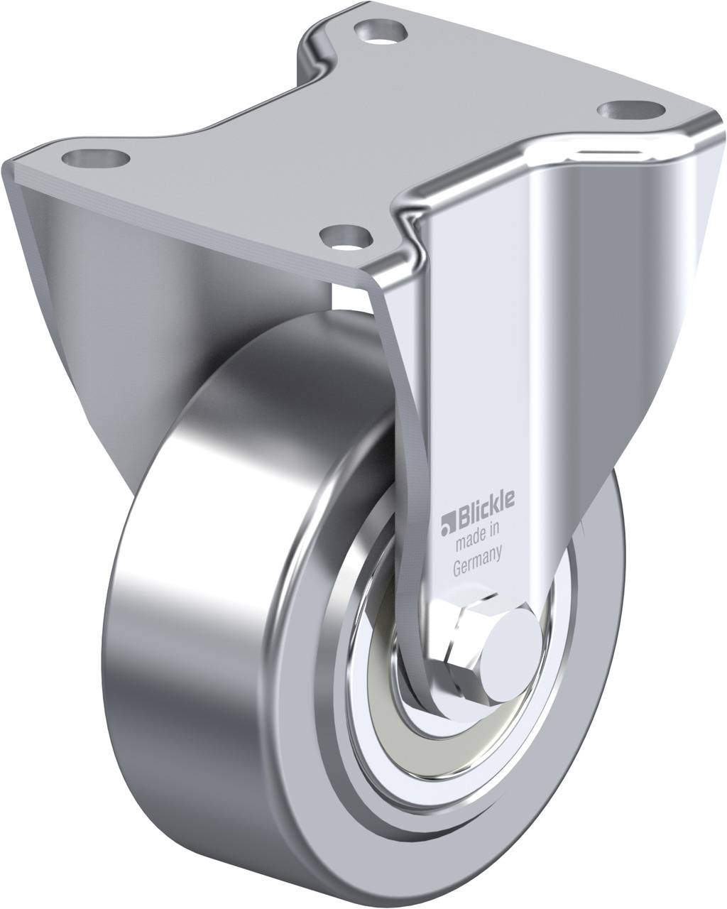 Ein silbernes Rad mit einer robusten Metallhalterung, hergestellt in Deutschland, zeigt Ingenieurskunst und Präzision.