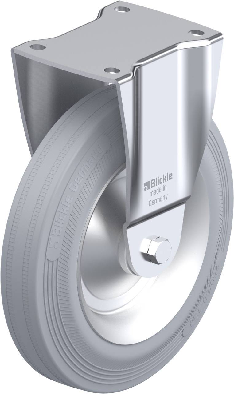 Ein graues Rad mit Metallhalterung, geeignet für Möbel oder Geräte. Auf der Halterung steht 'made in Germany'.