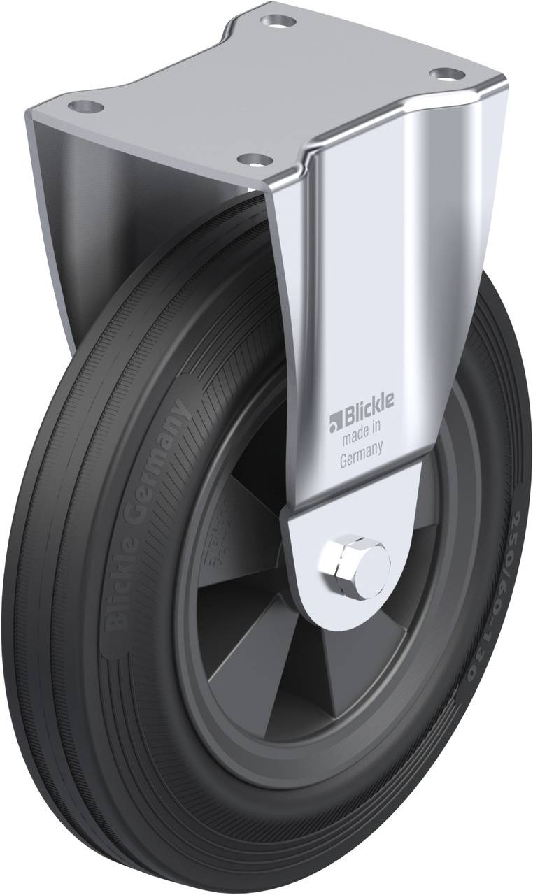 Stabiles Schwenkrolle mit schwarzem Rad und silberner Halterung, hergestellt in Deutschland. Ideal für den industriellen Einsatz.