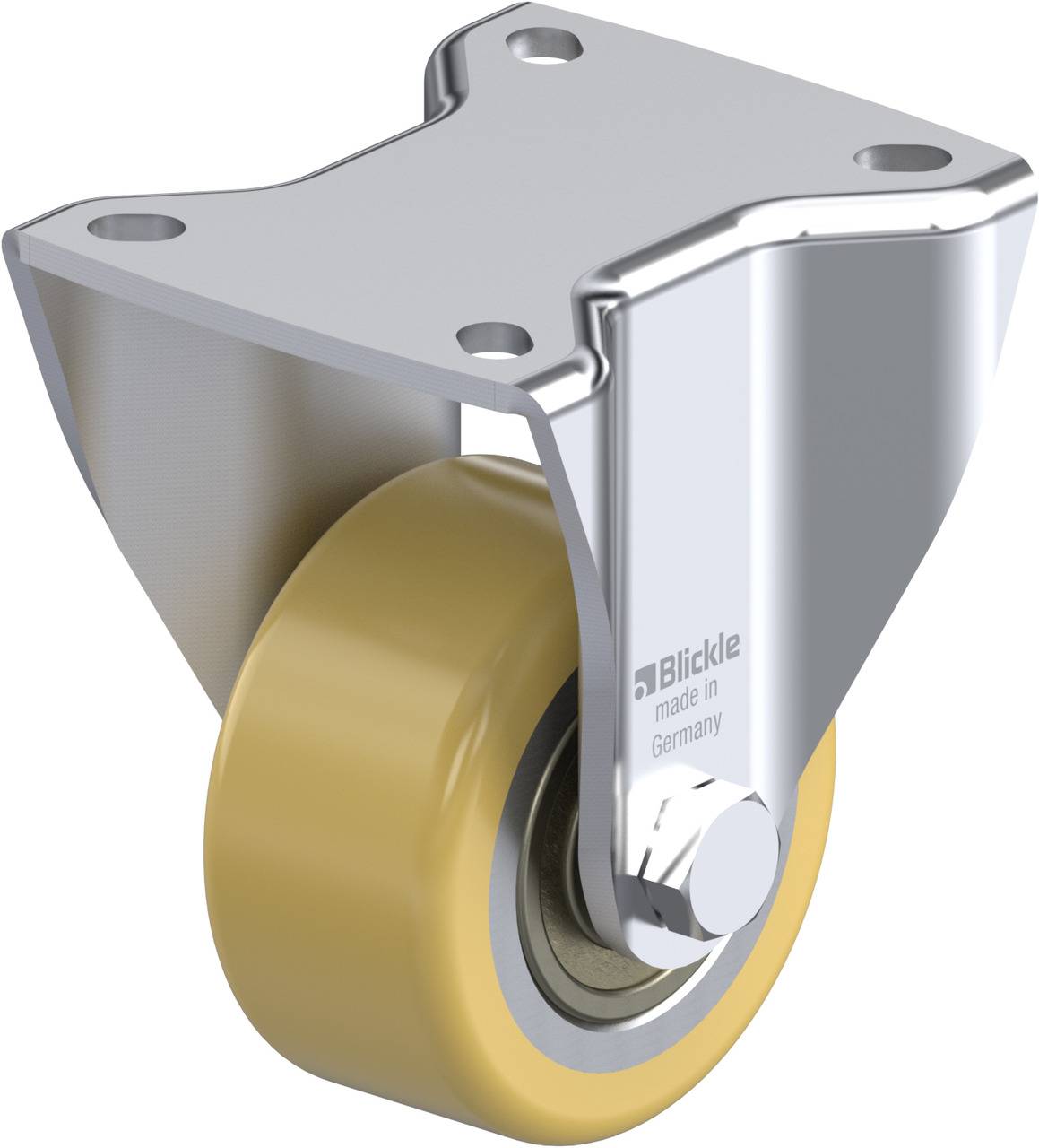 Rolle mit metallener Halterung und gelbem Rad, geeignet für industrielle Anwendungen. Halterung ist stark und robust.