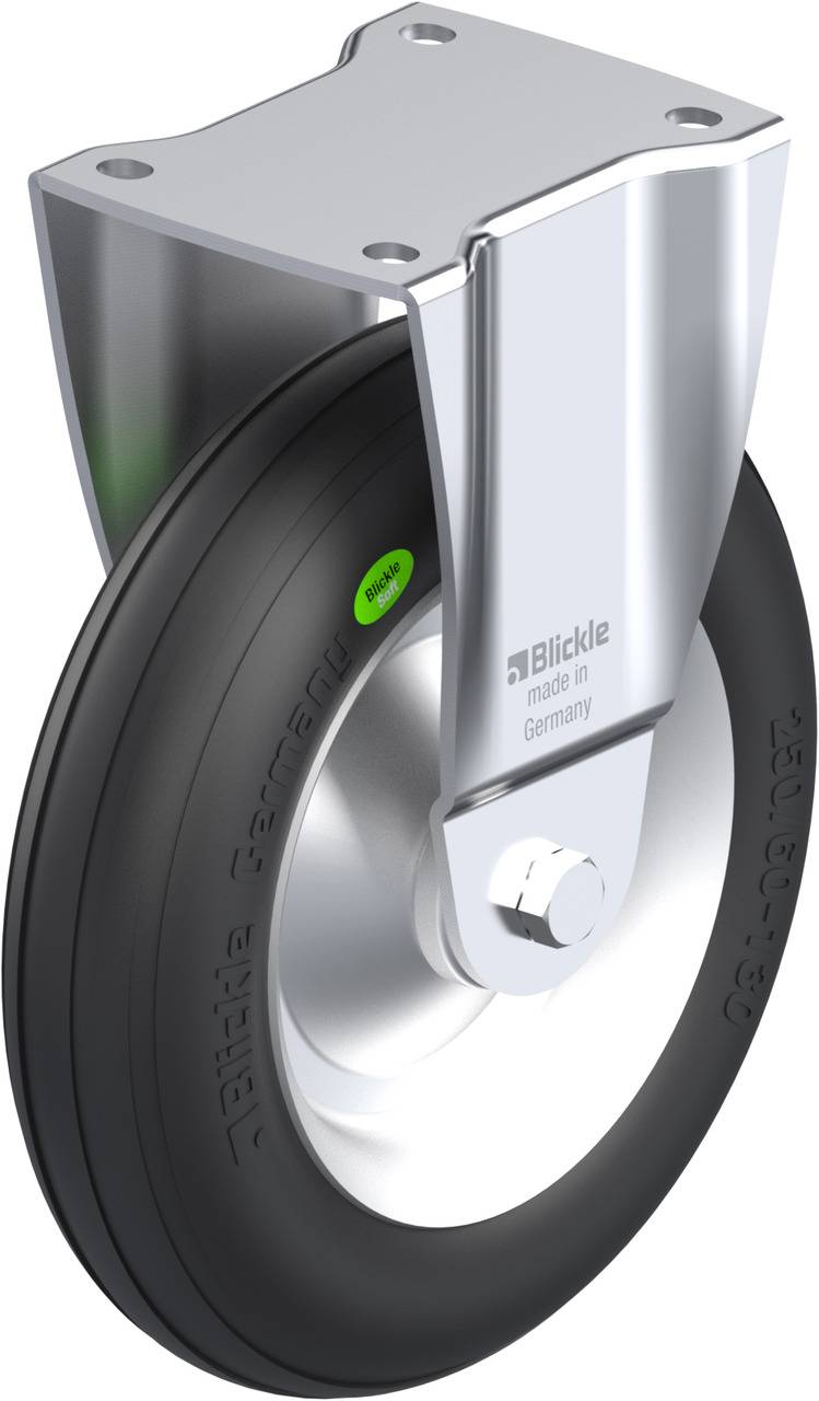 Leichtlaufrolle mit schwarzem Reifen und Metallschwenkgehäuse, geeignet für Industrie- und Transportanwendungen.