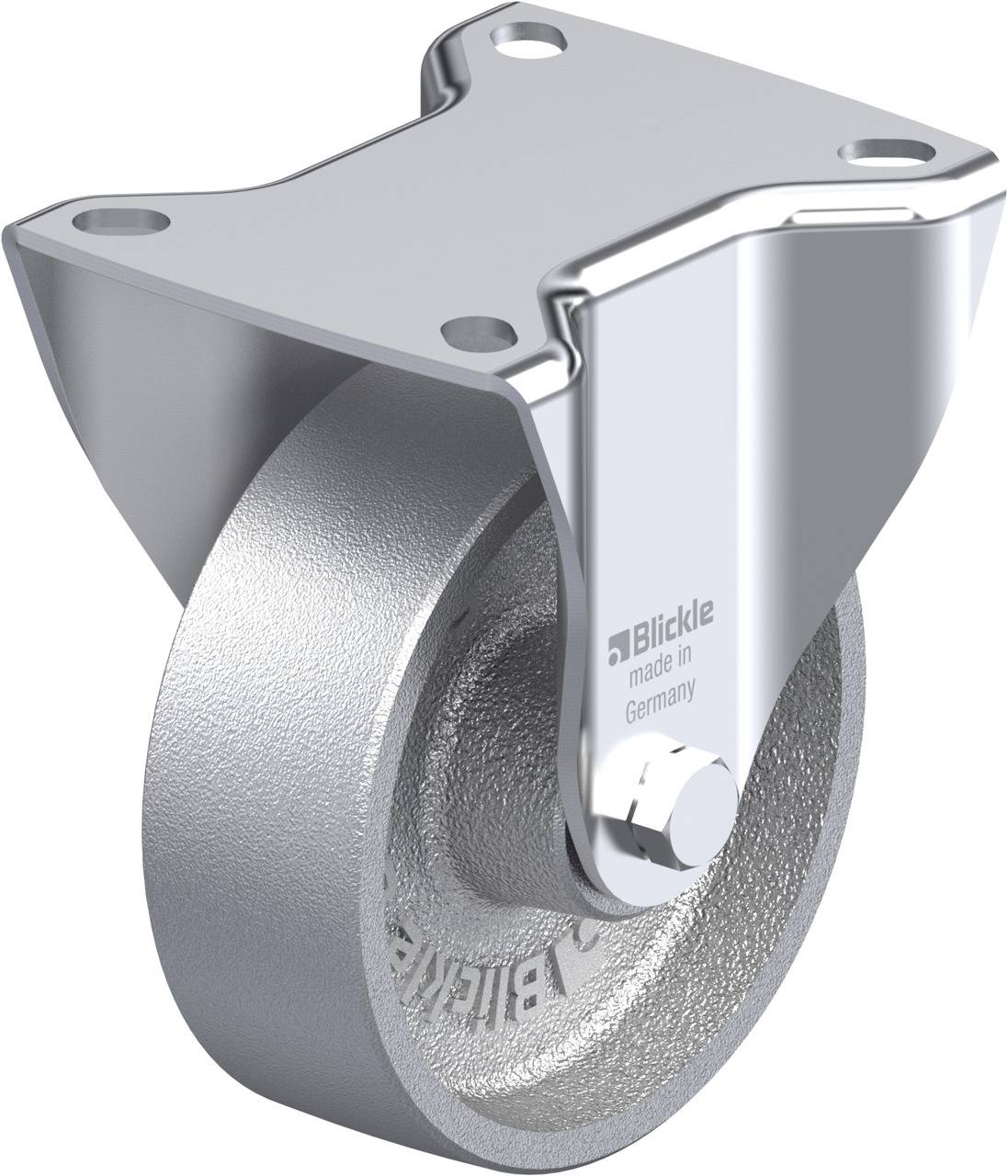 Schwenkrolle aus Metall mit Befestigungsplatte, geeignet für industrielle Anwendungen, gelabelt 'Blickle made in Germany'.