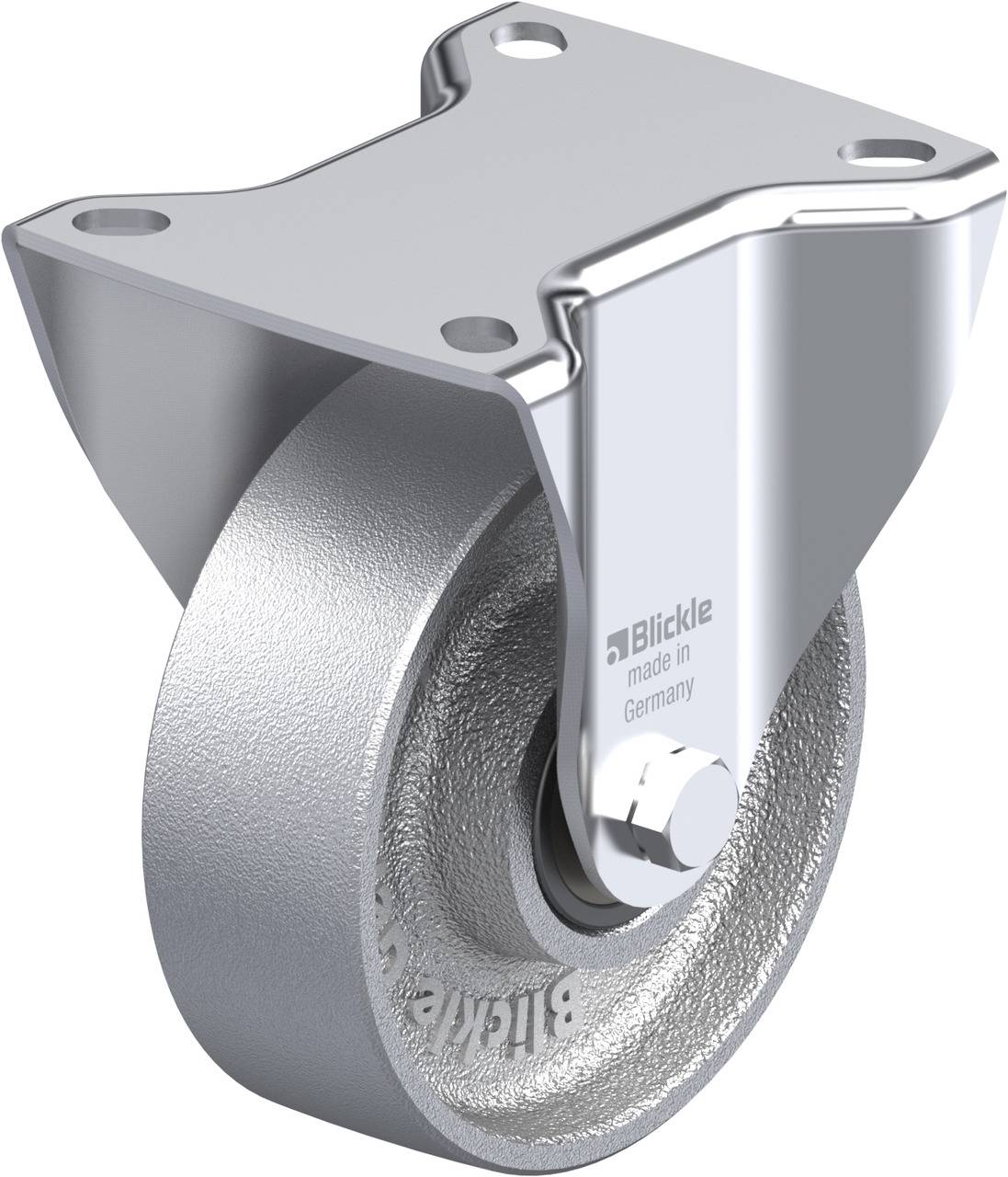 Ein silbernes Rad aus Metall mit Halterung und der Aufschrift 'Blickle made in Germany' auf der Seite. Das Rad ist für Möbel gedacht.