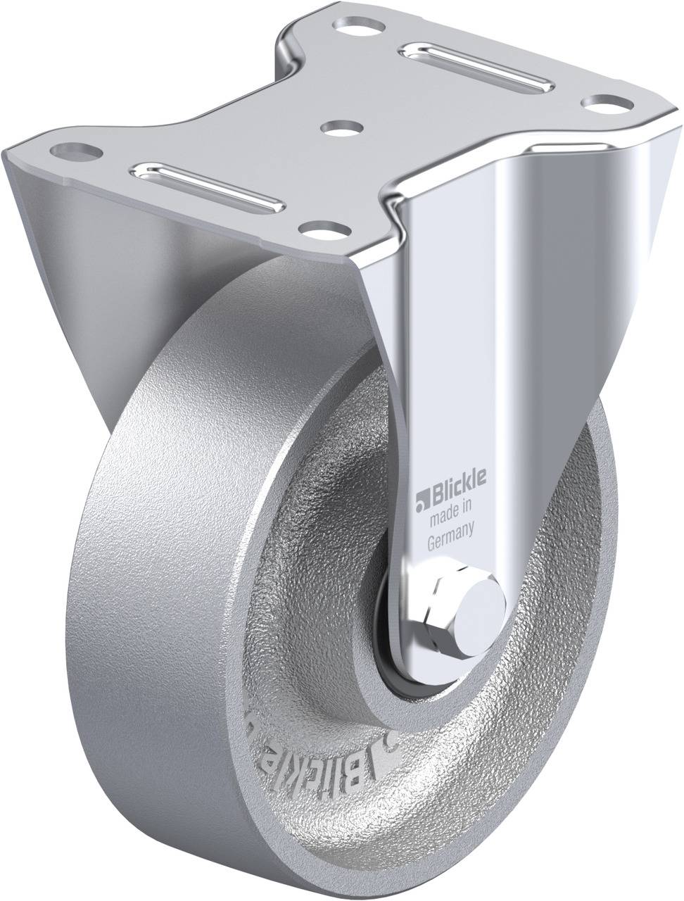 Industrie-Rollenrad aus Metall, montiert in einem stabilen Gehäuse mit Schraubbefestigungslöchern, geeignet für schwere Lasten.
