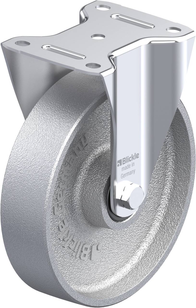 Silbernes Metall-Lenkrolle mit grauer Radoberfläche, montiert an einem Winkelhalter. Von 'Blickle' aus Deutschland produziert.