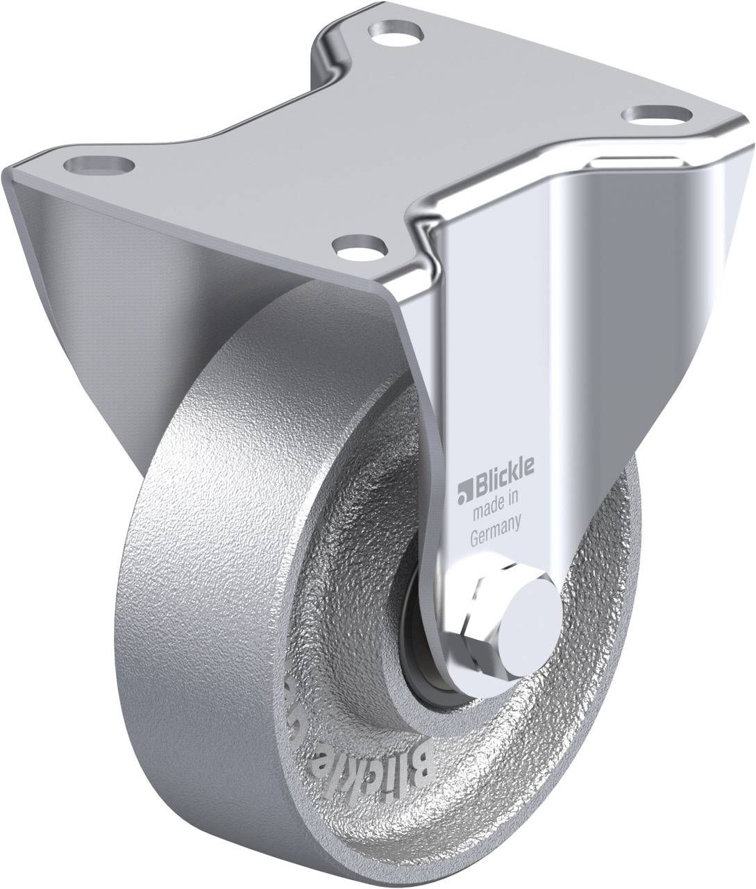 Ein silbernes Lenkrad mit Halterung aus Metall. Das Rad zeigt auf eine Ecke; 'Blickle made in Germany' ist auf das Rad gedruckt.