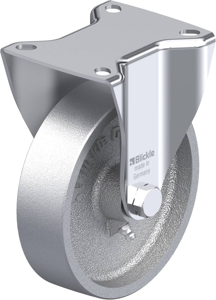 Ein silbernes Rad mit einer Metallhalterung. Das Rad ist glatt und glänzend, mit einem Schriftzug 'Blickle made in Germany' auf der Seite.