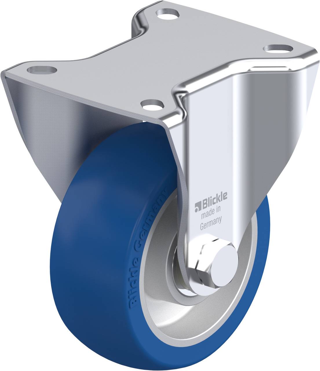 Blaues Rad mit silberner Halterung, geeignet für schwere Lasten. Hergestellt in Deutschland.