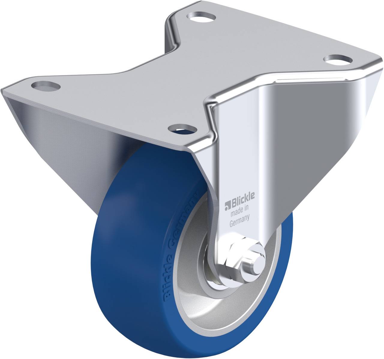 Ein einzelnes Rad mit einer blauen Polyurethan-Lauffläche und einer robusten Metallaufhängung, geeignet für Industriemaschinen.