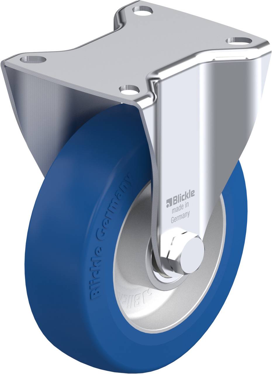 Industrie-Lenkrolle mit blauer Gummibereifung und Metallgehäuse. Geriffelte Oberfläche mit eingeprägtem Logo 'Blickle Germany'.