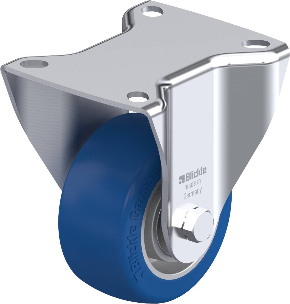 Schwenkrolle mit blauem Rad und Metallgehäuse, geeignet für Transportwagen. Aufschrift auf Rad: 'Blickle made in Germany'.