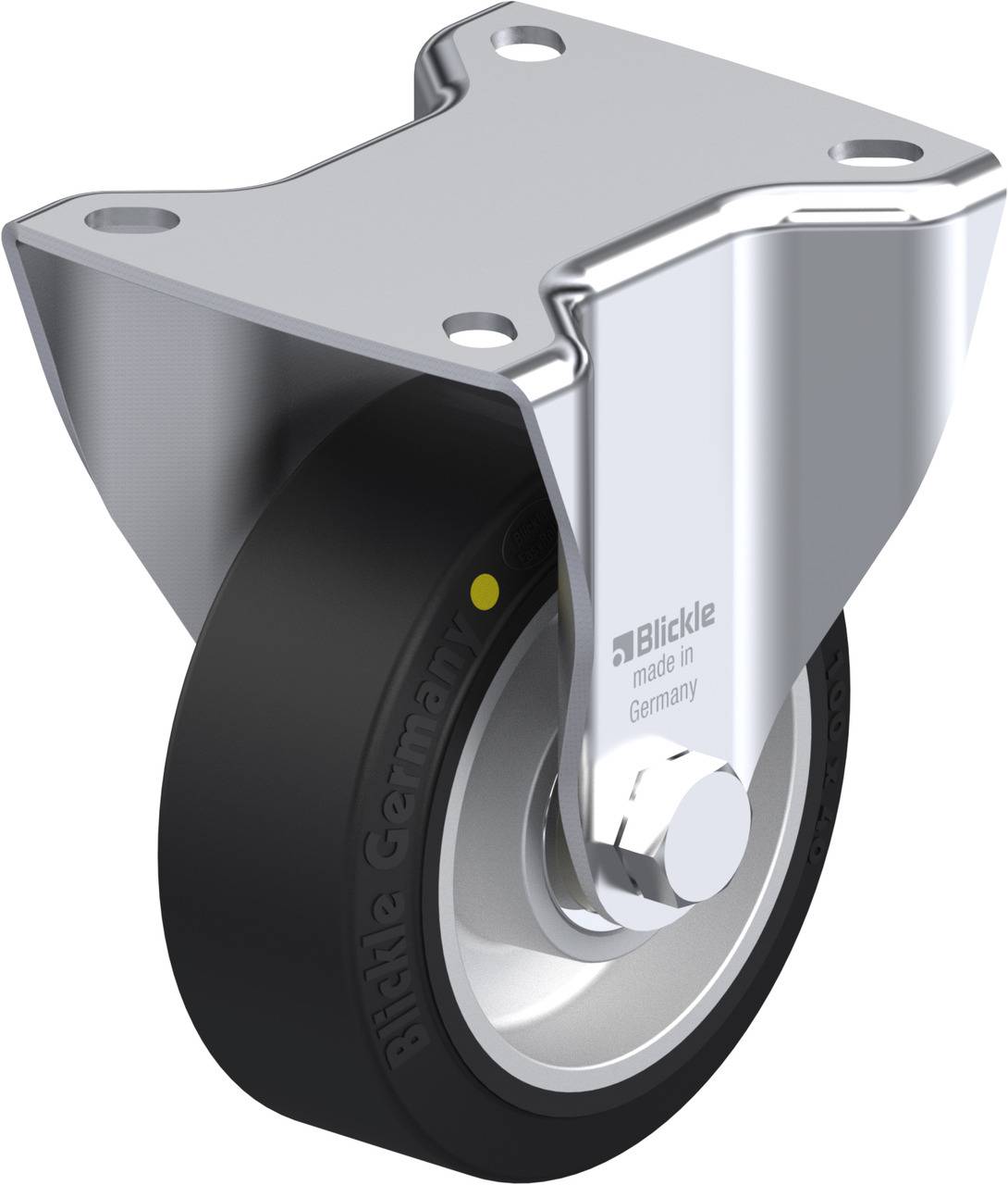 Ein Metallgerät mit schwarzem Rad und Befestigungsplatte, hergestellt von Blickle in Deutschland. Geeignet für Möbel oder Gerätebewegung.