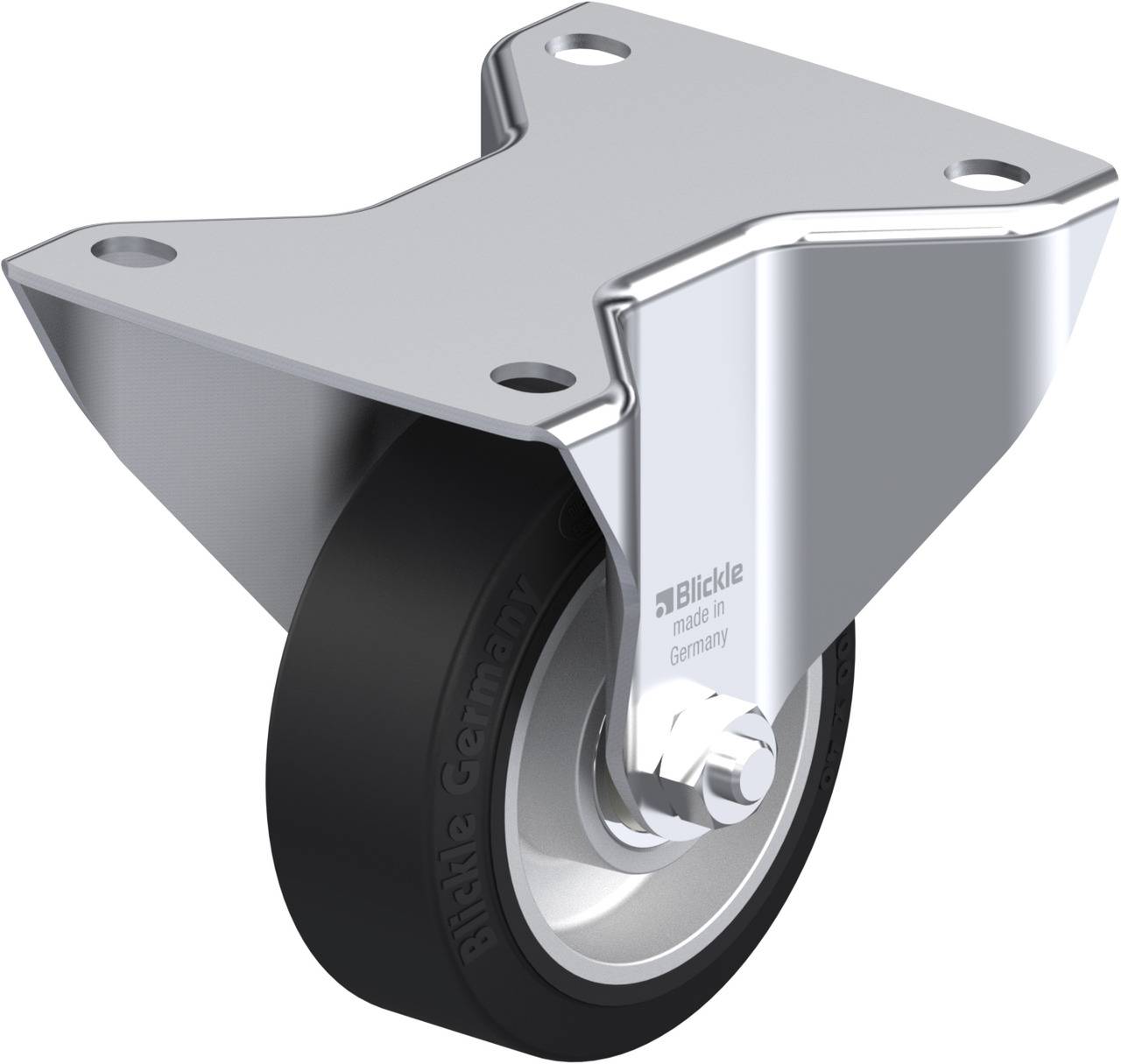 Schwenkrolle aus Metall mit schwarzem Rad, geeignet für Möbel oder Apparate, robustes Design, Aufdruck 'Blickle made in Germany'.