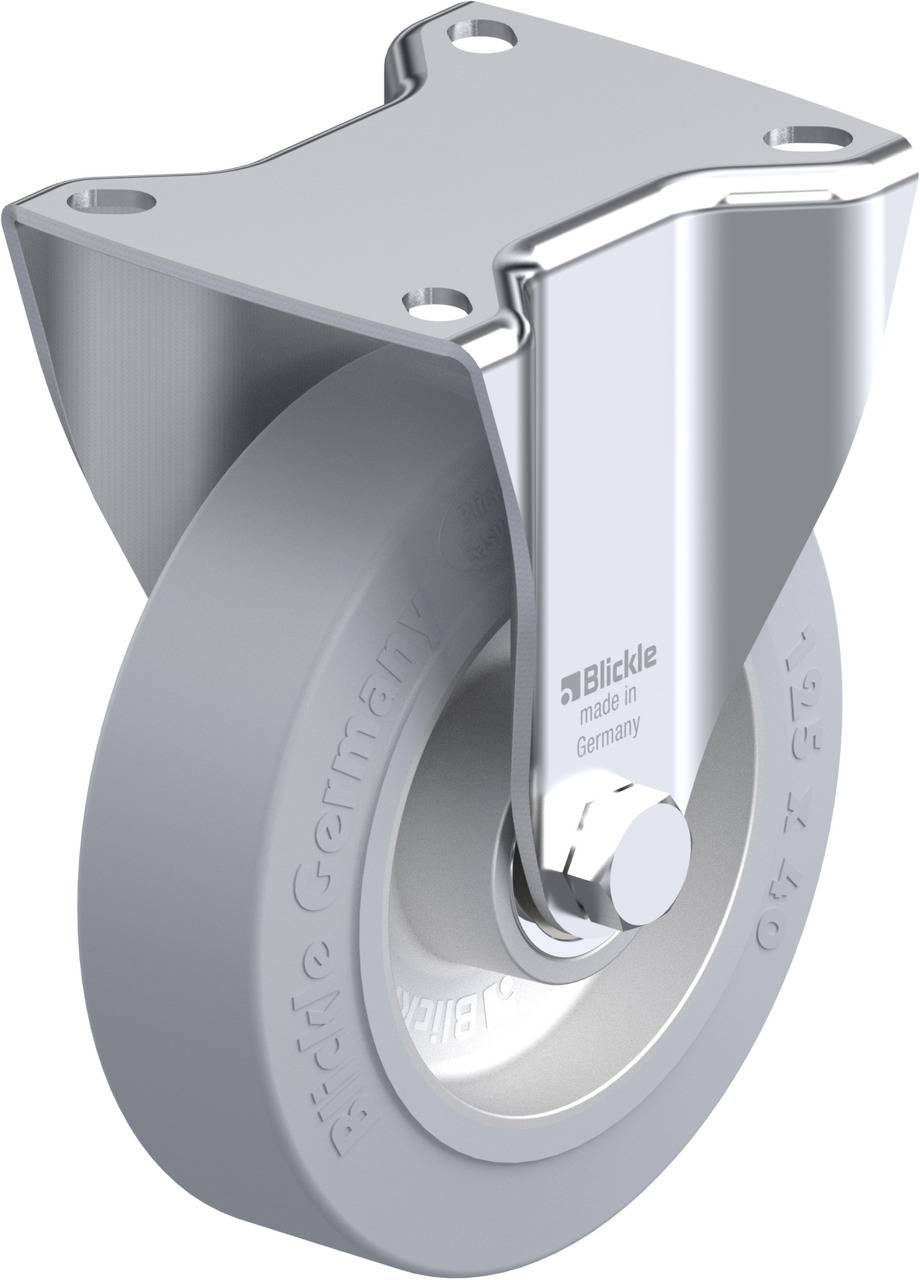 Metall-Industrie-Rolle mit grauem, schwenkbarem Rad und Halterung, 'Blickle' Made in Germany' auf die Oberfläche geprägt.