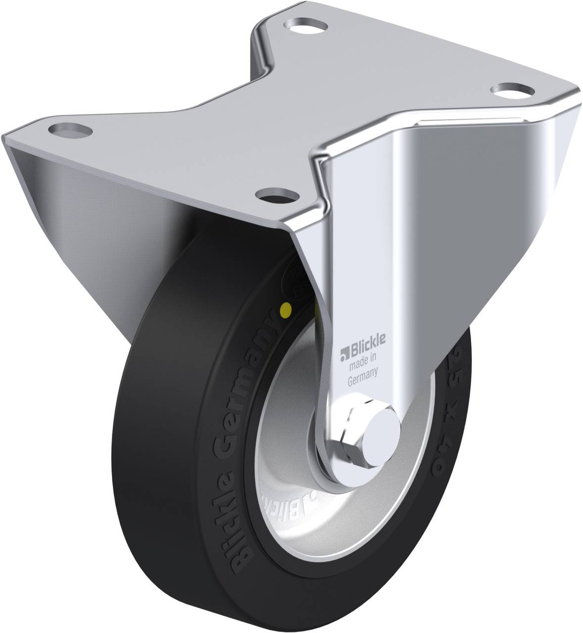 'Lenkrolle mit schwarzem Rad und silberner Metallhalterung, montierbar an Geräte. Aufschrift: 