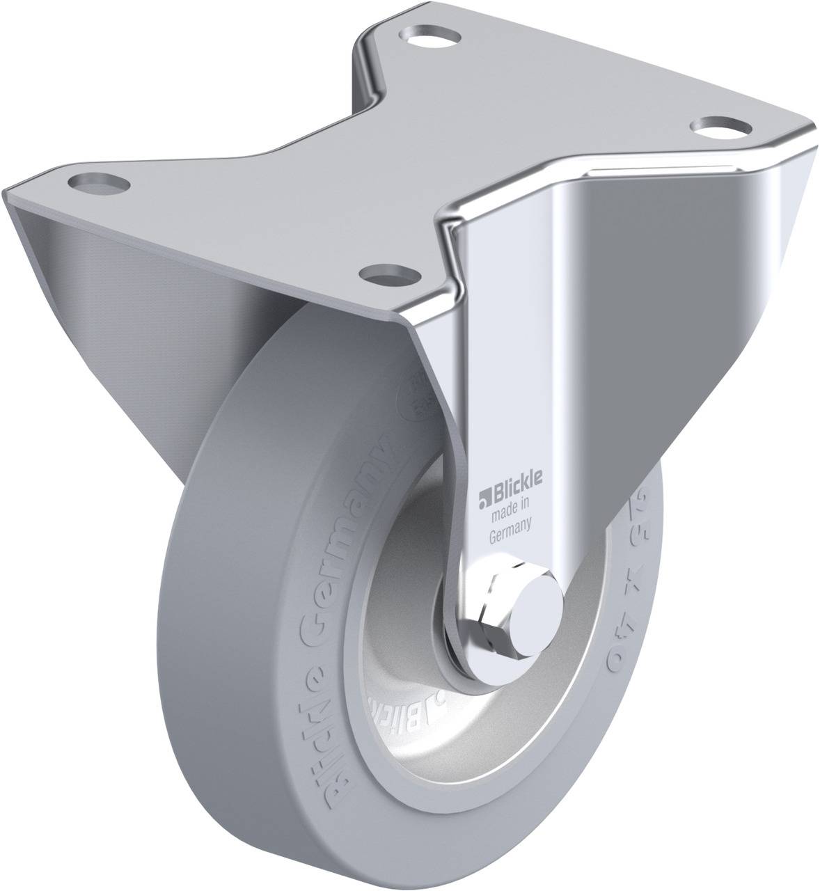 Schwenkrolle aus Metall mit grauem Gummirad, industrielle Anwendung, gefertigt in Deutschland.