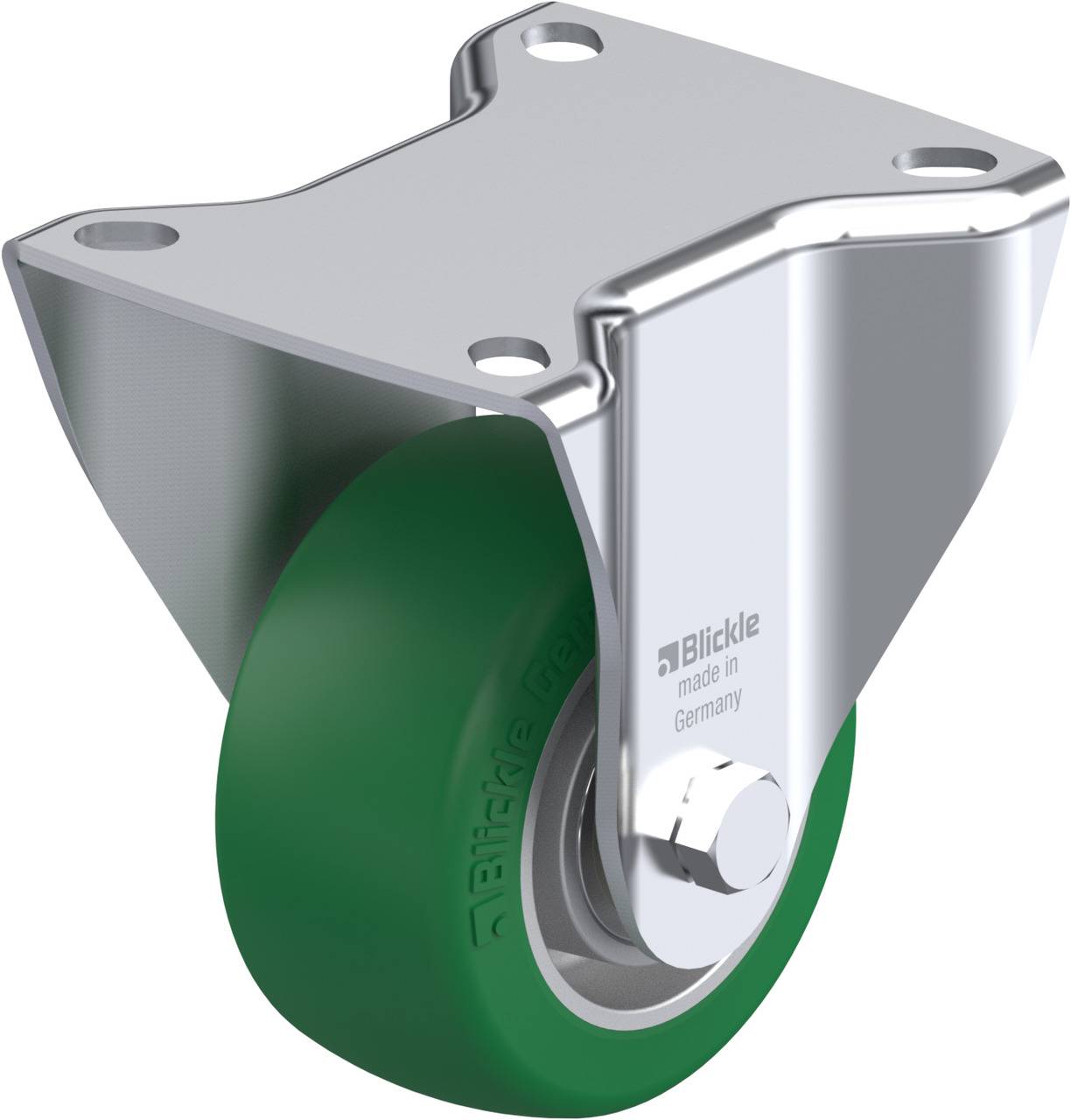 Schwenkrolle mit grünem Rad und Metallgehäuse, 'Blickle' Aufschrift, geeignet für Transportwagen oder Möbel.