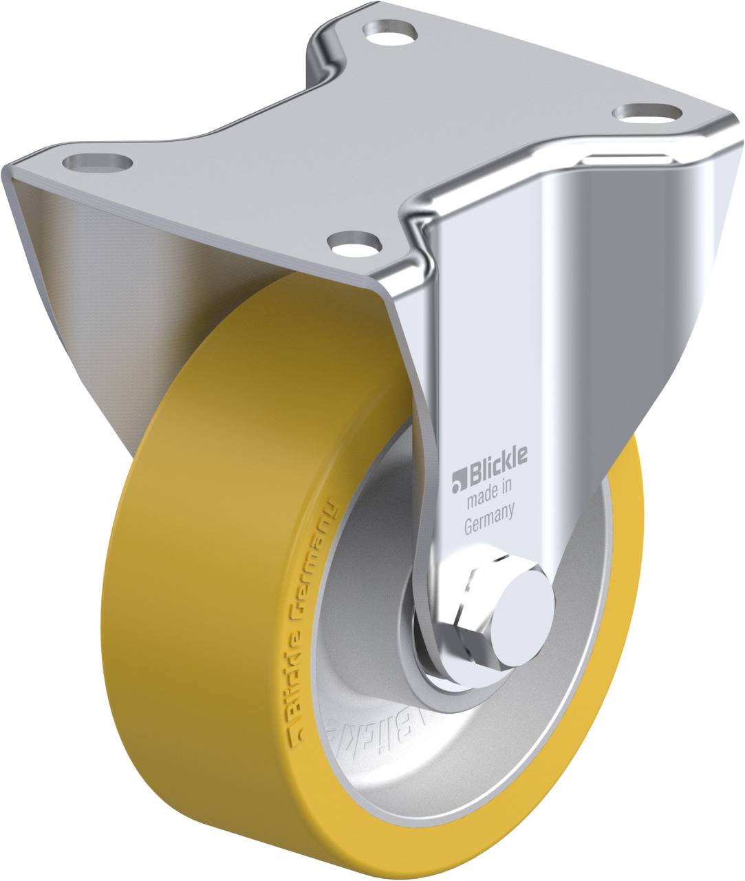 Gelbes Industrielaufrad mit silbernem Metallgehäuse, befestigt an einer Platte. Marke 'Blickle', hergestellt in Deutschland.