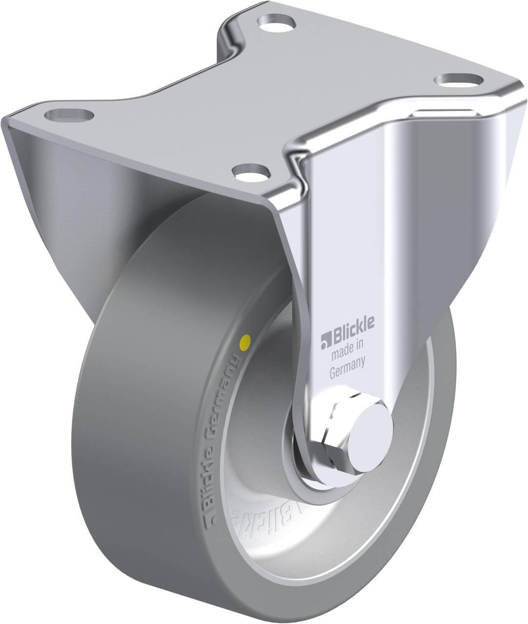 Ein einzelnes silbernes Industrierad mit Metallhalterung, hergestellt von Blickle in Deutschland. Es ist ein Lenkrollenmodell.