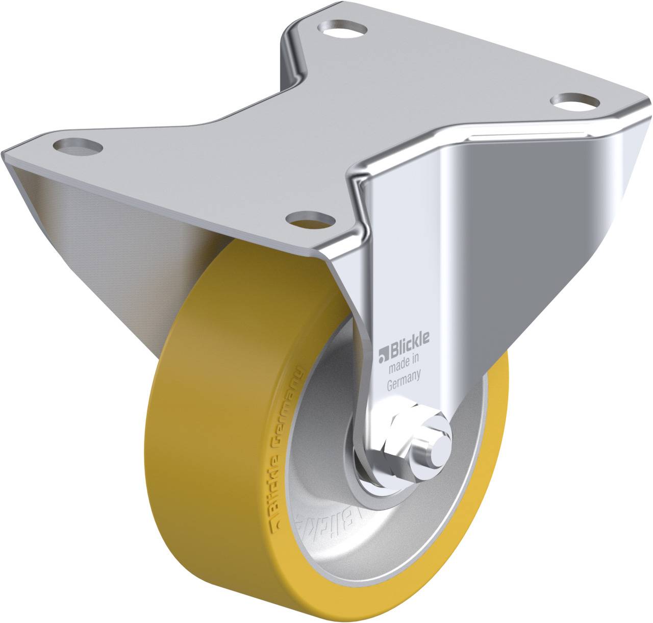 Rollapparat mit gelbem Rad, robustes Metallgehäuse und Schraubmöglichkeit an der Oberseite, hergestellt in Deutschland.