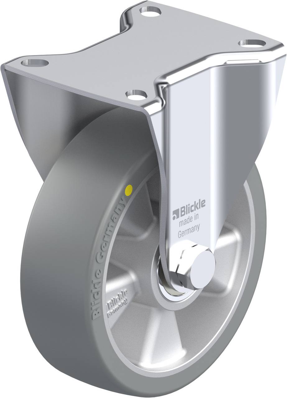 Graue Rollenrolle mit silbernem Metallgehäuse und Befestigungsplatte von der Marke Blickle, hergestellt in Deutschland.