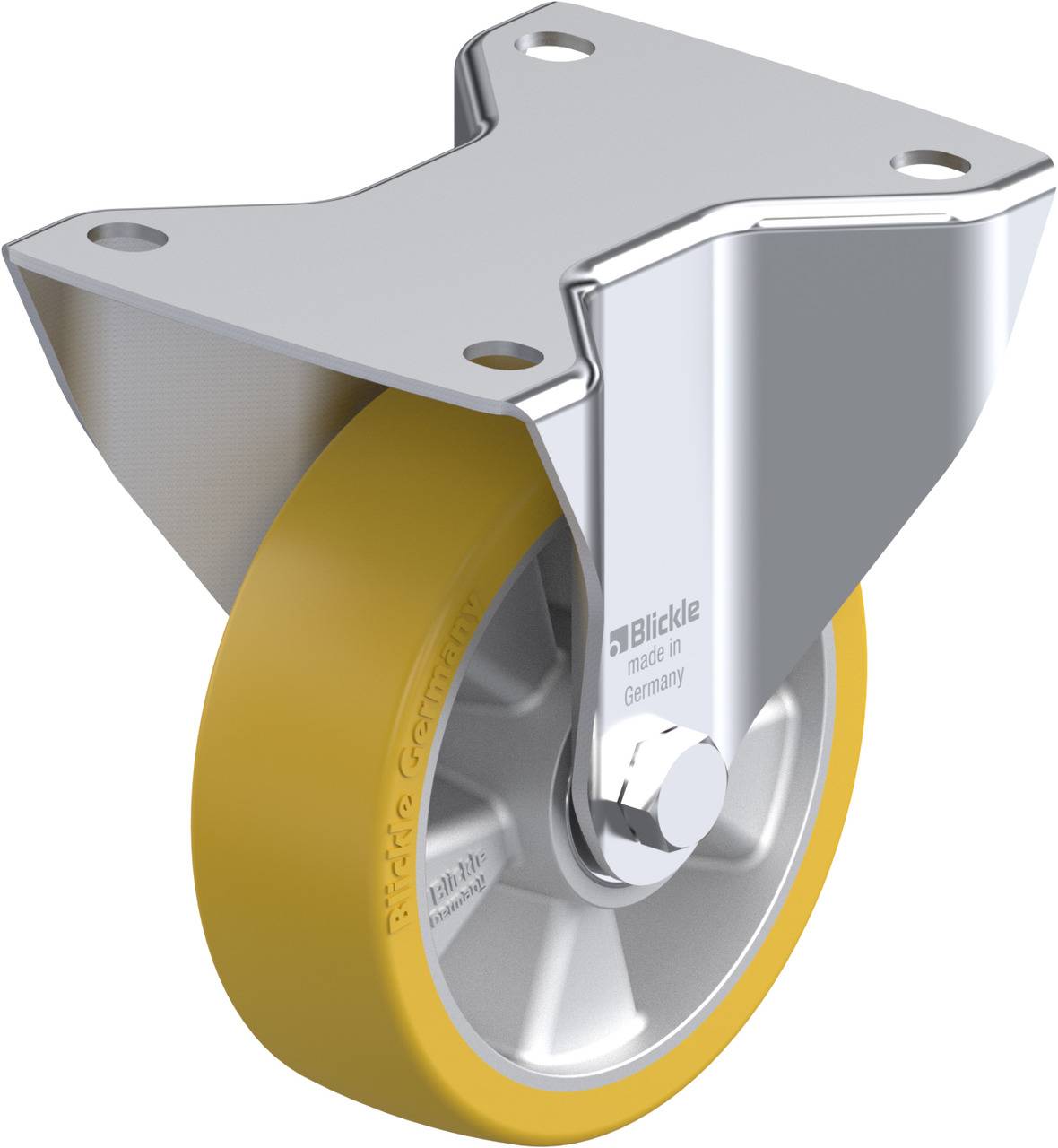 Metallisches Lenkrollenrad mit gelber Gummibeschichtung, montiert an einer stabilen Halterung. Herstellungshinweis: 'Blickle made in Germany'.