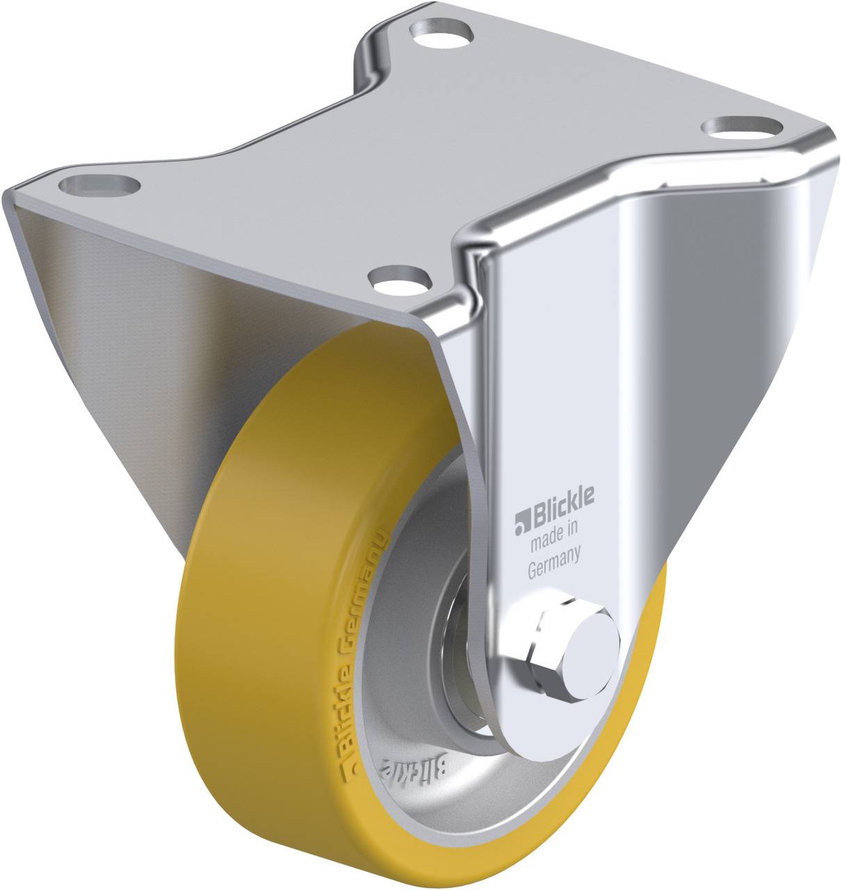 Metallisches Lenkrollen-Gehäuse mit gelbem Rad, markiert mit 'Blickle made in Germany'. Verwendet für Industrieanwendungen.