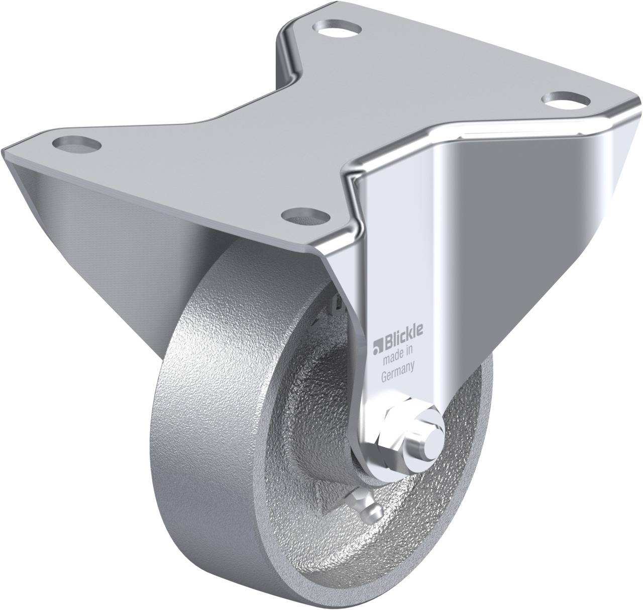 Metallische Lenkrolle mit Halterung, geeignet für Schwerlastanwendungen, hergestellt in Deutschland.