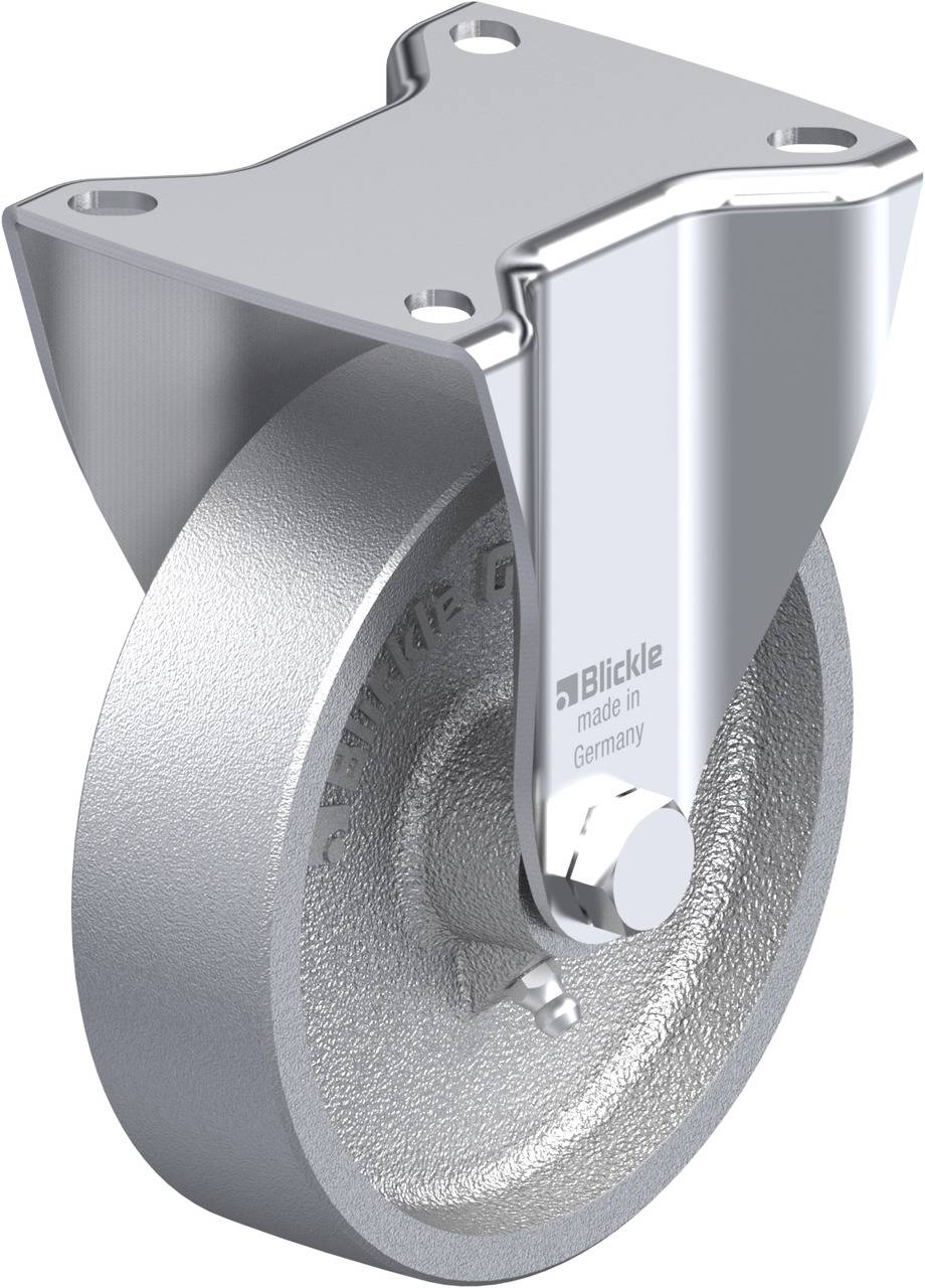 Industrie-Rad aus Metall mit Halterung und Aufschrift 'Blickle made in Germany'.