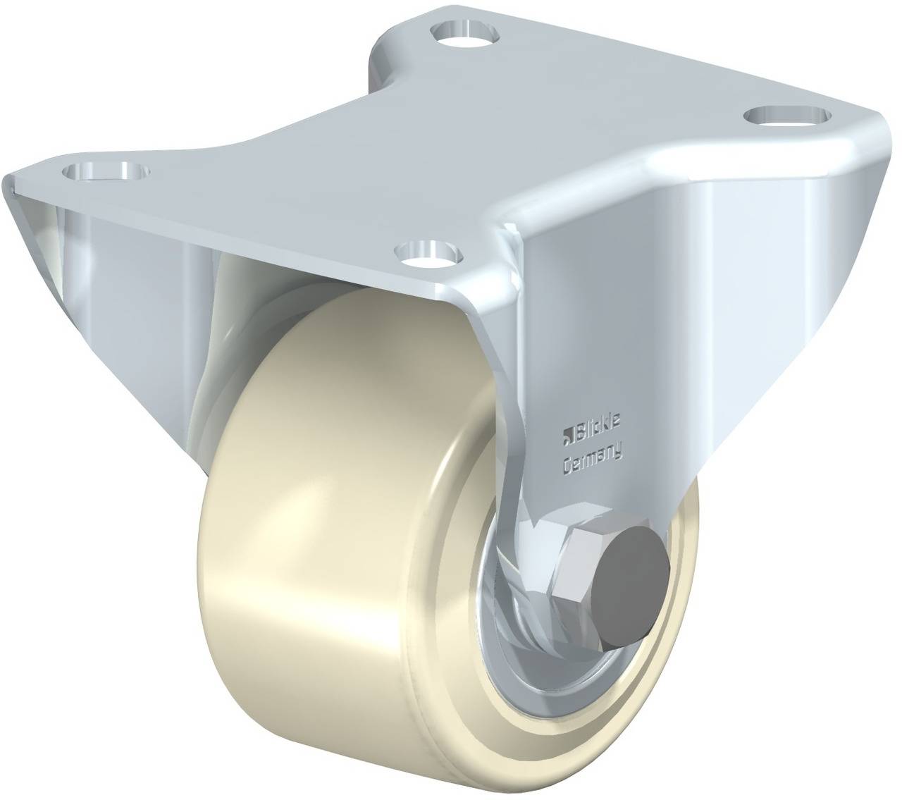 Metallrolle mit Halterung, geeignet für industrielle Anwendungen. Die Rolle ist aus glänzendem Metall und Beige, robust und stabil.