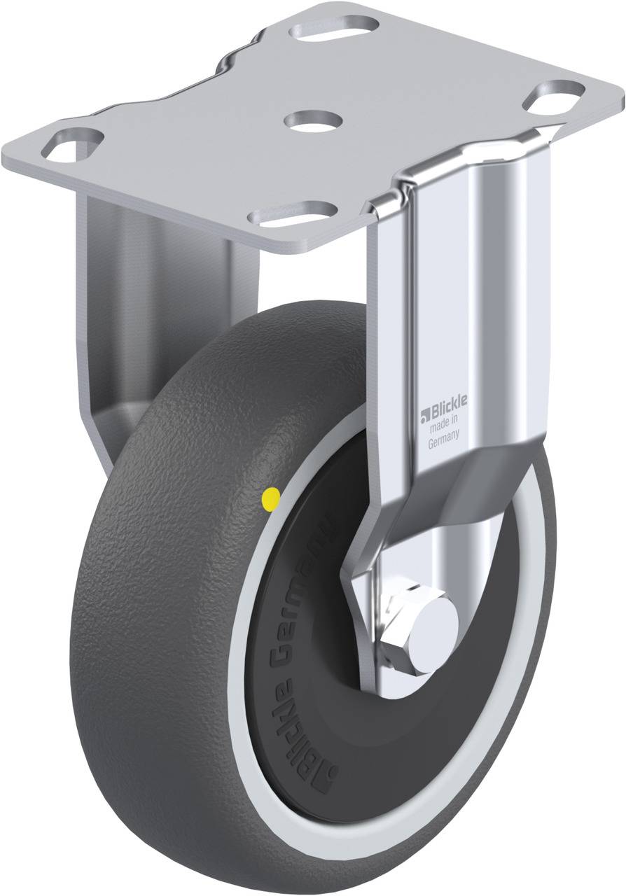 Gummirad an einem Metallgehäuse mit Montageplatte, geeignet für Möbel oder Transportgeräte.hton.